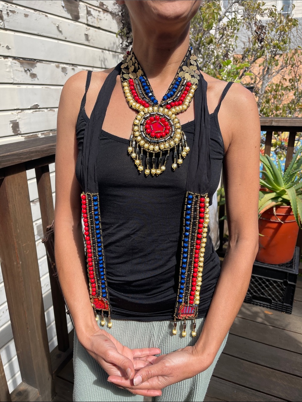 Statement Necklace, Handmade, Red & Yellow Beaded, Ethnic